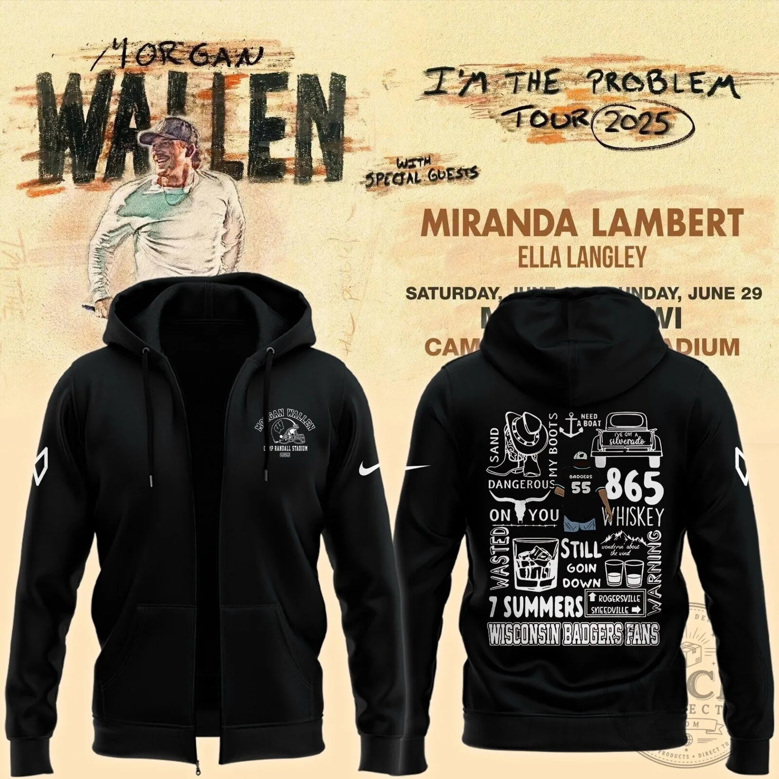 Morgan Wallen I'm The Problem Tour 2025 Wisconsin Badgers Fans Zip Hoodie